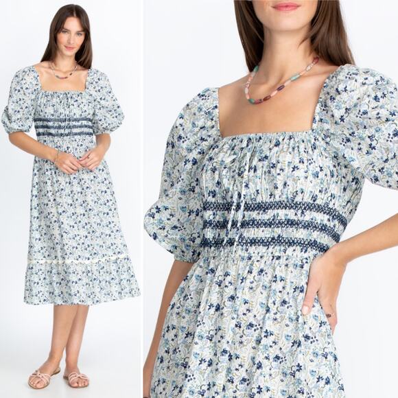 Johnny Was Camille Puff Sleeve Square Smocked Floral Cottagecore Midi Dress NWT - Picture 2 of 13